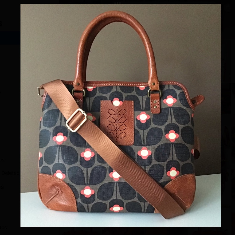 Orla Kiely Crossbody Hand Bag Coated Canvas Leather Stem Floral Orange Brown